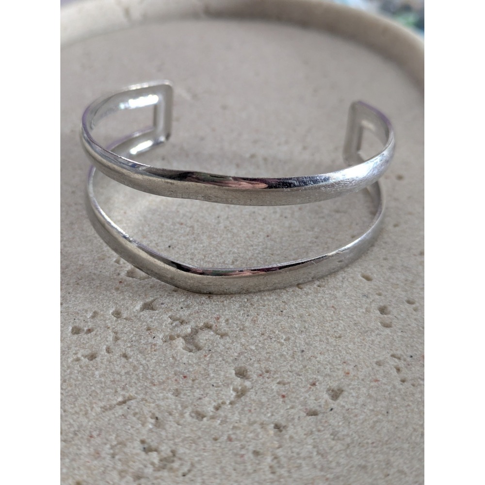Double Row Cuff Bracelet In Silver Tone Open Work Modernist Layering Stackable